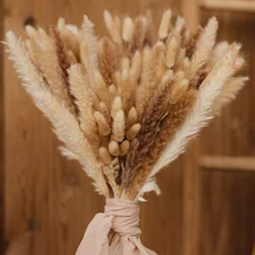 PNT CONCEPT Total 90 Pcs, 17" Set | 30 Pcs White Pampas and Natural Dried Pampas Grass,60 Pcs Natural Rabbit Tail Grass, Perfect for Home Decor, Boho Decor and Wedding Flower Arrangements