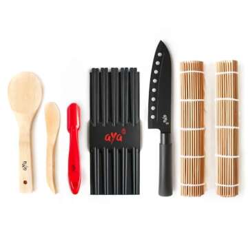 aya Sushi Making Kit Bamboo Kit 2, Complete with Sushi Chef Knife, Online Video Tutorials, 2 Rolling Mats, Paddle, Spreader, 5 Pairs of Fiberglass Chopsticks, DIY Nigiri Maker