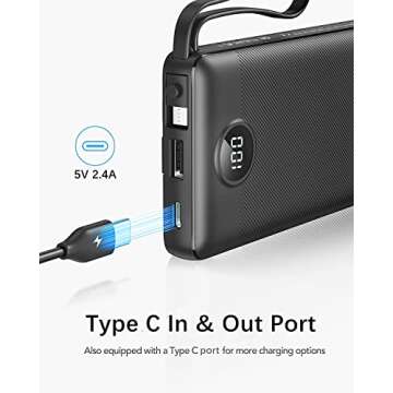 VRURC Portable Charger with Built in Cables, 10000mAh Slim USB C Power Bank,5 Output 2 Input LED Display External Battery Pack Phone Charger Compatible with iPhone,Samsung,Android-Black(1 Pack)