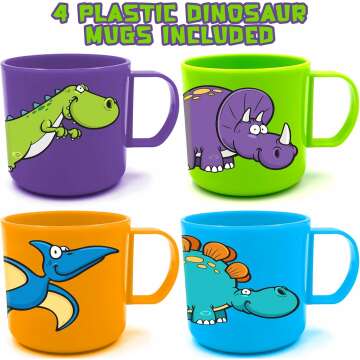 ArtCreativity Dinosaur Mugs for Kids, Set of 4, Plastic Dino Cups in Assorted Colors & Designs, Dinosaur Party Favors, Dinosaur Gifts for Boys and Girls, Unique Table Decorations for Themed Parties