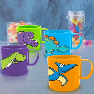 ArtCreativity Dinosaur Mugs for Kids, Set of 4, Plastic Dino Cups in Assorted Colors & Designs, Dinosaur Party Favors, Dinosaur Gifts for Boys and Girls, Unique Table Decorations for Themed Parties