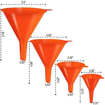 KarZone Plastic Funnel for Automotive Use - Kitchen Funnels for Filling Bottles, Jars, Containers or Lab Use - Oil Funnel for Gas, Car Oil, Lubricants and Fluids (Orange-4 Pack)