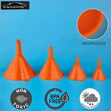 KarZone Plastic Funnel for Automotive Use - Kitchen Funnels for Filling Bottles, Jars, Containers or Lab Use - Oil Funnel for Gas, Car Oil, Lubricants and Fluids (Orange-4 Pack)