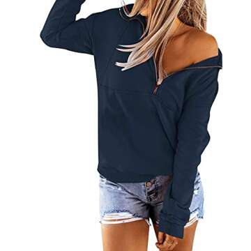 Floral Find Women's Long Sleeve Lapel Half Zip Up Sweatshirt Solid Stylish Loose Fit Casual Pullover Tops