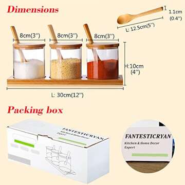 FANTESTICRYAN 3 PCS Stylish Simple Condiment Canisters Pots Set, Decorative Storage Seasoning Glass Container Box with Bamboo Spoon Lid and Base for Home Kitchen café Storing Salt Sugar Pepper Spice