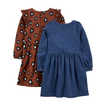 Simple Joys by Carter's Girls' 2-Pack Long-Sleeve Dress Set, Brown Cheetah/Dark Denim