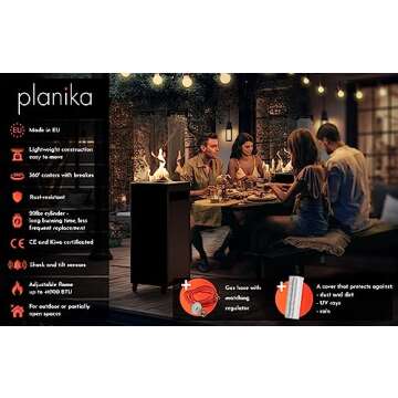 Planika Faro Patio Heater - Outdoor Propane Gas Heater, Black Fire Pit for Garden, Residential & Commercial Use with Wheels - High-Performance Outside Heating Solution