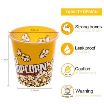 Novelty Place Retro Style Plastic Popcorn Containers for Movie Night - 7.1" Tall x 7.1" Top Diameter (3 Pack)