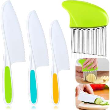 4 Pcs Kids Knife Set - Safe Nylon Kitchen Knives with Crinkle Cutter