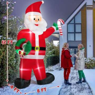 12FT Christmas Inflatables, Giant Inflatable Santa Claus Holding Candy Cane, LED Lighted Blow Up Christmas Santa Claus, Inflatable Santa Claus Outdoor Decorations for Party Holiday Lawn Yard