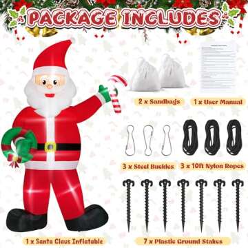 12FT Christmas Inflatables, Giant Inflatable Santa Claus Holding Candy Cane, LED Lighted Blow Up Christmas Santa Claus, Inflatable Santa Claus Outdoor Decorations for Party Holiday Lawn Yard