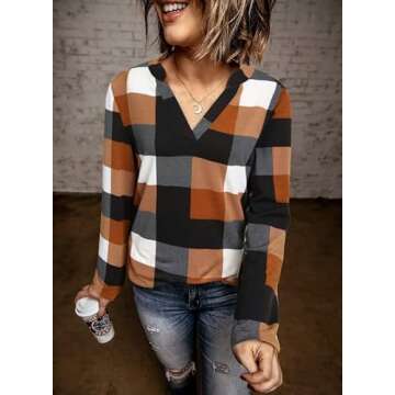 Orange Plaid V Neck Cuffed Tunic Tops for Women 2024