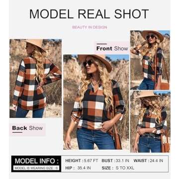 Orange Plaid V Neck Cuffed Tunic Tops for Women 2024