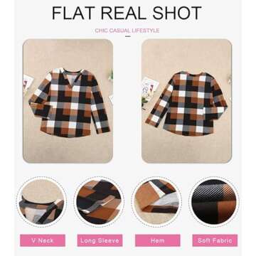 Orange Plaid V Neck Cuffed Tunic Tops for Women 2024