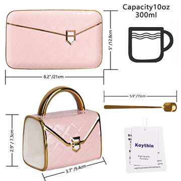 Koythin Ceramic Coffee Mug Saucer Set, Creative Cute Handbag Shaped Cup with Spoon and Saucer for Office and Home, 10 oz/300 ml for Tea Latte Milk (Peach Pink)