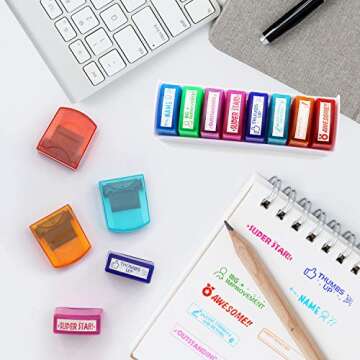 Reliancer 8PCS Teacher Stamp Set Colorful Self-Inking Motivation School Grading Stamps Encouraging Comments Classroom Homework Rating Stamp Office Stationery Stamps with Storage Tray (8PCS-B)