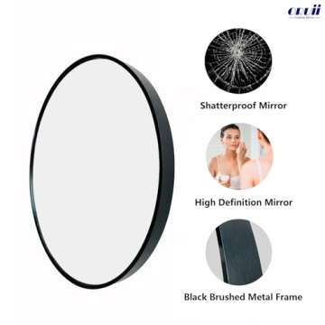 Oruii Round Mirror, Black Round Mirror 24 inch, Round Wall Mirror Metal Frame, Round Bathroom Mirror, Circle Mirrors for Wall, Living Room, Bedroom, Vanity, Entryway, Hallway.