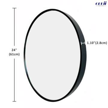 Oruii Round Mirror, Black Round Mirror 24 inch, Round Wall Mirror Metal Frame, Round Bathroom Mirror, Circle Mirrors for Wall, Living Room, Bedroom, Vanity, Entryway, Hallway.