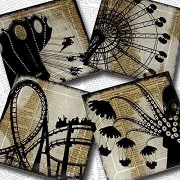 Amusement Park Rides 4 or 5 Inch Square Handmade Glass Coaster Set from Upcycled Dictionary page book art - WilD WorDz - Ridin' the Wordz