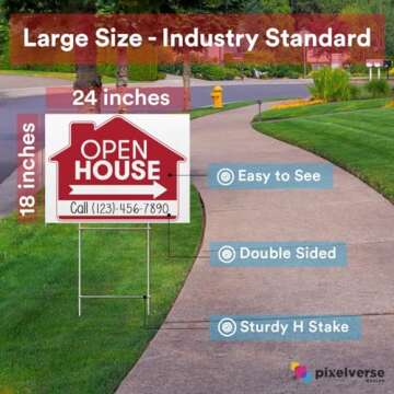 Open House Real Estate Signs – 18x24 Inches 5 Pack Set - Double Sided Red Property Yard Sign Bulk Pack - Includes 5 Heavy Duty Rust Free H Wire Stakes - Large Directional Arrows Realtor Agent Supplies