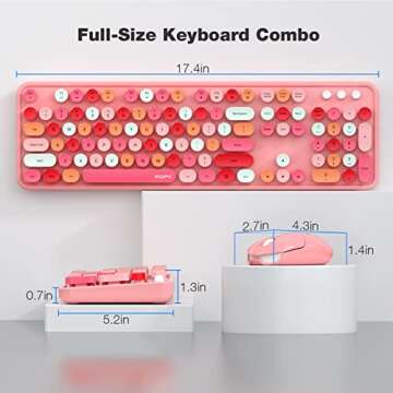 MOFII Wireless Keyboard and Mouse Combo, Pink Wireless Keyboard, 2.4GHz Retro Full Size with Number Pad & Cute Wireless Mouse for Computer PC Laptop Windows XP/7/8/10 (Pink-Colorful)