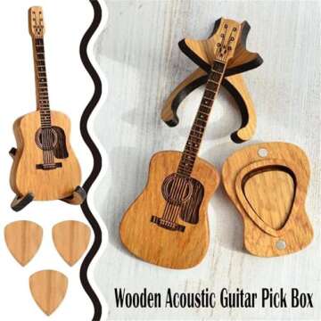 Sherum Strumbox, Sherem Wooden Acoustic Guitar Pick Box, Shirem Wooden Acoustic Guitar Pick Box with Stand,Vianys Guitar Pick Holder,Wooden Guitar Pick Box Holder with 3 Pcs Guitar Picks (1Set)