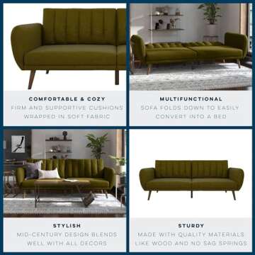 Novogratz Brittany Sofa Futon in Green Linen Upholstery