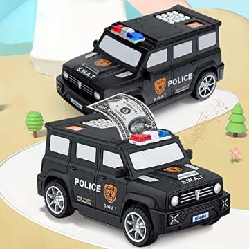 GuDoQi Piggy Bank for Boys Girls, Mini ATM Police Car Bank Coin Bank Money Saving Box with Password, Electronic Money Bank Toy Car with Music, Great Birthday Gifts for Kids Black