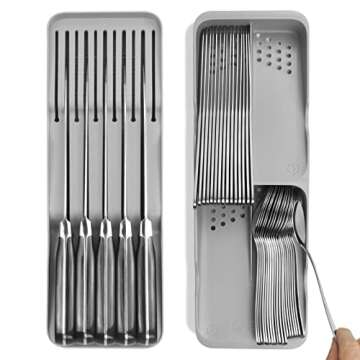 Kitchen Drawer Silverware Organizer, Utensil Holder/Cutlery Tray and Knive Block for Cutlery Flatware Spoon Knive Fork, Classic Small Partition Storage (Gray)