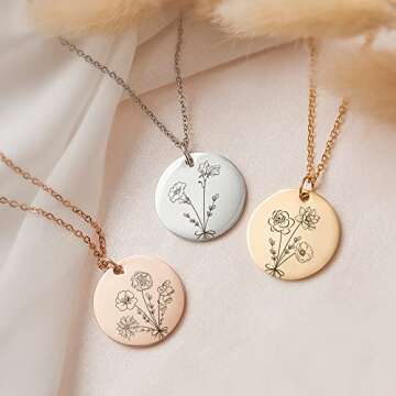 Anavia -Build Your Own Bouquet- Birthmonth Flowers Necklace, Personalized Engraved Floral Coin Necklace, Customized Birthday Gifts Love Jewelry for Her Mom Sisters Family (Gold, 2 Flower Bouquet)