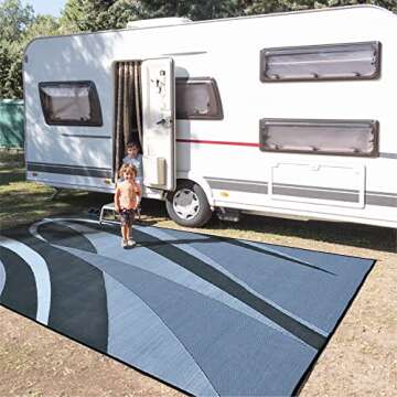 Stylish Camping GB1 8-Feet x 16-Feet RV Reversible Graphic Patio Mat, Black/Silver