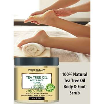 First Botany Cosmeceuticals, 100% Natural Tea Tree Oil Body & Foot Scrub with Salt - Best for Acne, Dandruff and Warts, Helps with Corns, Calluses, Athlete foot, Jock Itch & Body Odor