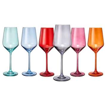 The Wine Savant Colored Wine Glass Set, For Her, Wife, Mom, Friend, Gift Set of 6 Glasses, Unique Italian Style Tall Stemmed, Water, Margarita Glasses, Color Large 12 oz, Beautiful Dinner Glassware