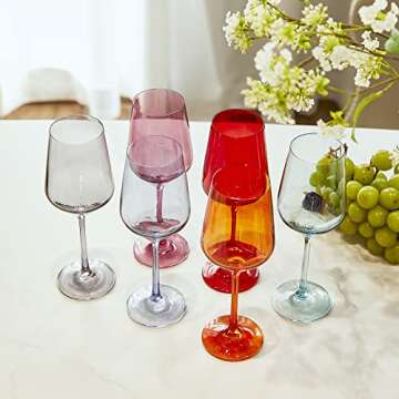 The Wine Savant Colored Wine Glass Set, For Her, Wife, Mom, Friend, Gift Set of 6 Glasses, Unique Italian Style Tall Stemmed, Water, Margarita Glasses, Color Large 12 oz, Beautiful Dinner Glassware