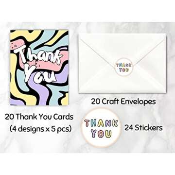 20 Pcs Cute Thank You Cards With Envelopes For Kids, Teens And Adults Colorful Tank You Notes Cards Blank Inside For All Occasions, Girls Birthday, Baby Shower, Party, Small Business, Sweet 16, With Stickers and Envelopes, 4.25x5.5