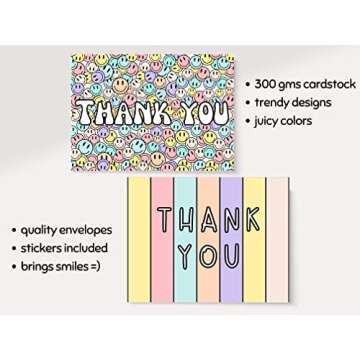 20 Pcs Cute Thank You Cards With Envelopes For Kids, Teens And Adults Colorful Tank You Notes Cards Blank Inside For All Occasions, Girls Birthday, Baby Shower, Party, Small Business, Sweet 16, With Stickers and Envelopes, 4.25x5.5