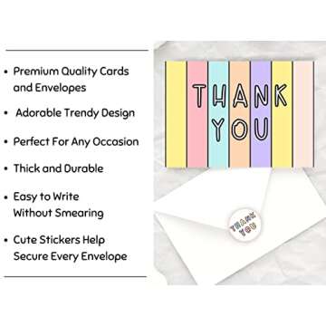 20 Pcs Cute Thank You Cards With Envelopes For Kids, Teens And Adults Colorful Tank You Notes Cards Blank Inside For All Occasions, Girls Birthday, Baby Shower, Party, Small Business, Sweet 16, With Stickers and Envelopes, 4.25x5.5