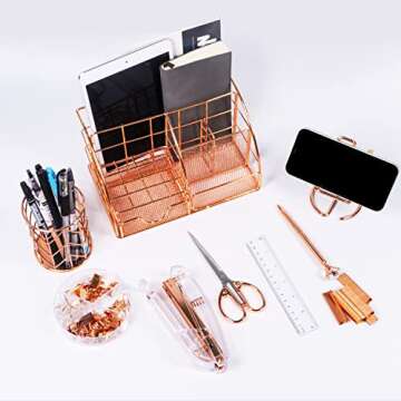 KAAKOW Rose Gold Desk Organizers and Accessories Office Supplies Set Stapler, Pen Holder, Phone Holder, Scissors, Pen, Ruler, 30 Paper Clips, 22 Binder Clip, 20 Tacks and 1000pcs Staples