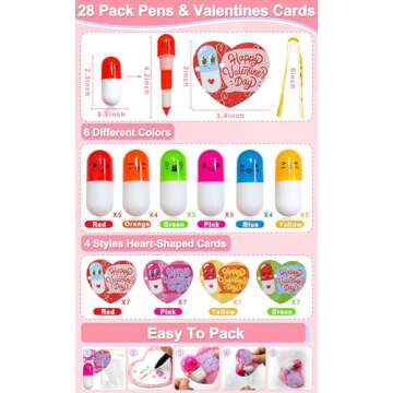 AMENON 28 Pack Valentines Day Cards with Retractable Pens Valentines Day Gifts for Kids Classroom Exchange Gifts School Prize Boys Girls Valentines Stationery Party Favors