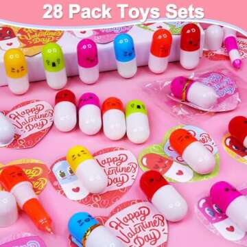 AMENON 28 Pack Valentines Day Cards with Retractable Pens Valentines Day Gifts for Kids Classroom Exchange Gifts School Prize Boys Girls Valentines Stationery Party Favors