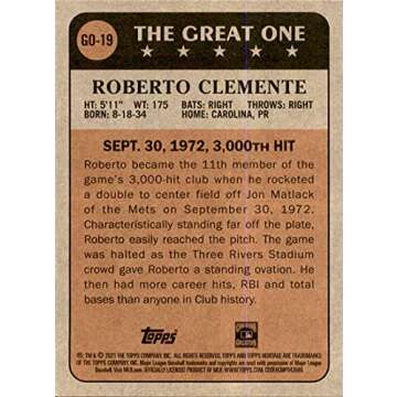 2021 Topps Heritage The Great One #GO-19 Roberto Clemente Pittsburgh Pirates Official MLB Baseball Trading Card in Raw (NM or Better) Condition