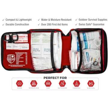 Swiss Safe 2-in-1 First Aid Kit for Car, Travel & Home, Businesses - Bonus Mini Kit for Medical Emergency Aid, Survival, Camping - FSA & HSA Eligible - 200 Pcs, Medium FAK