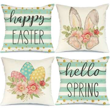 GEEORY Happy Easter Throw Pillow Covers 18x18 Set of 4 Hello Spring Bunny Eggs Stripes Home Decor for Couch G206-18