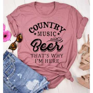 Country Music and Beer Funny Drinking Shirt for Women Summer Vacation T Shirts Vintage Country Shirts Tops (XL, Pink)