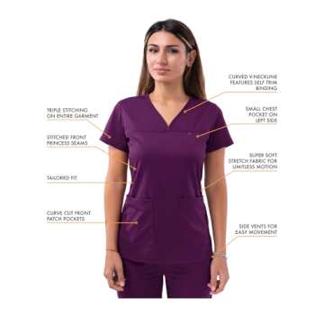 Adar Uniforms, Pro Movement Booster Scrub Set For Women - Sweetheart V-Neck Scrub Top & Yoga Jogger Scrub Pants - P9400 - Eggplant - S