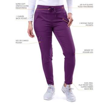 Adar Uniforms, Pro Movement Booster Scrub Set For Women - Sweetheart V-Neck Scrub Top & Yoga Jogger Scrub Pants - P9400 - Eggplant - S