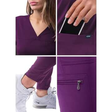 Adar Uniforms, Pro Movement Booster Scrub Set For Women - Sweetheart V-Neck Scrub Top & Yoga Jogger Scrub Pants - P9400 - Eggplant - S