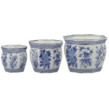 Galt International Blue & White Round Fluted Floral Palm Lotus Porcelain Ceramic Plant Flower Planter Pot Set of 3 (7.5", 10", 13") Garden Pots Chinese Asian Design