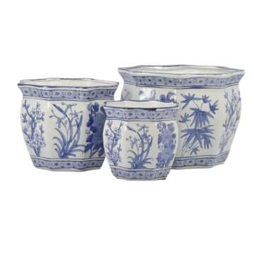 Galt International Blue & White Round Fluted Floral Palm Lotus Porcelain Ceramic Plant Flower Planter Pot Set of 3 (7.5", 10", 13") Garden Pots Chinese Asian Design