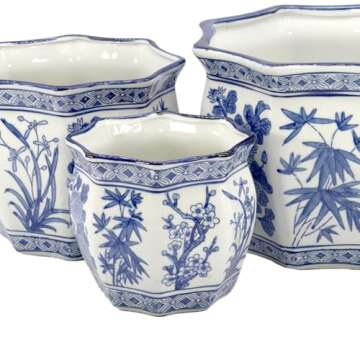 Galt International Blue & White Round Fluted Floral Palm Lotus Porcelain Ceramic Plant Flower Planter Pot Set of 3 (7.5", 10", 13") Garden Pots Chinese Asian Design